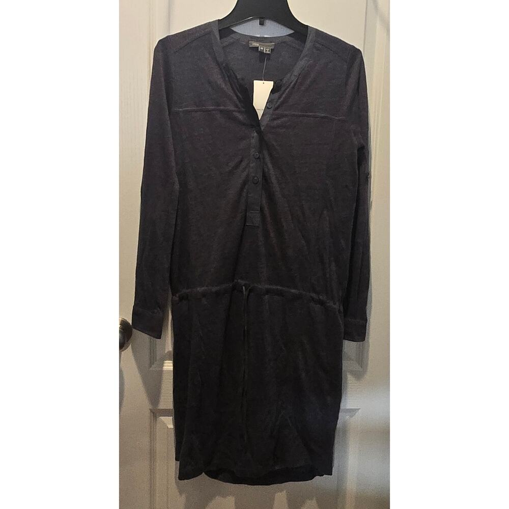 NWT Vince Womens Linen Henley Shirt Dress Blue Roll Tab Sleeve Drawstring sz XS
